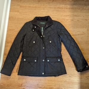 Lauren Ralph Lauren Women's Green Quilted Barn Jacket, Collar Snap Jacket Small